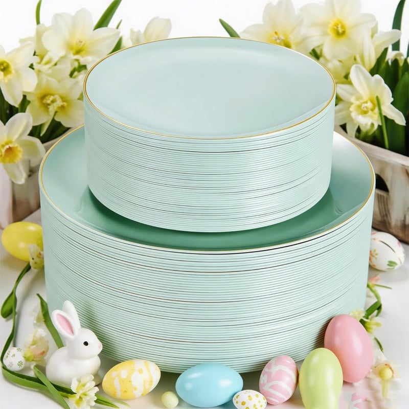 PULOTE 100PCS Sage Green Plastic Plates - Disposable Sage Green Include 50 Dinner / 50 Dessert Plates for Party, Wedding&Easter - Image 1