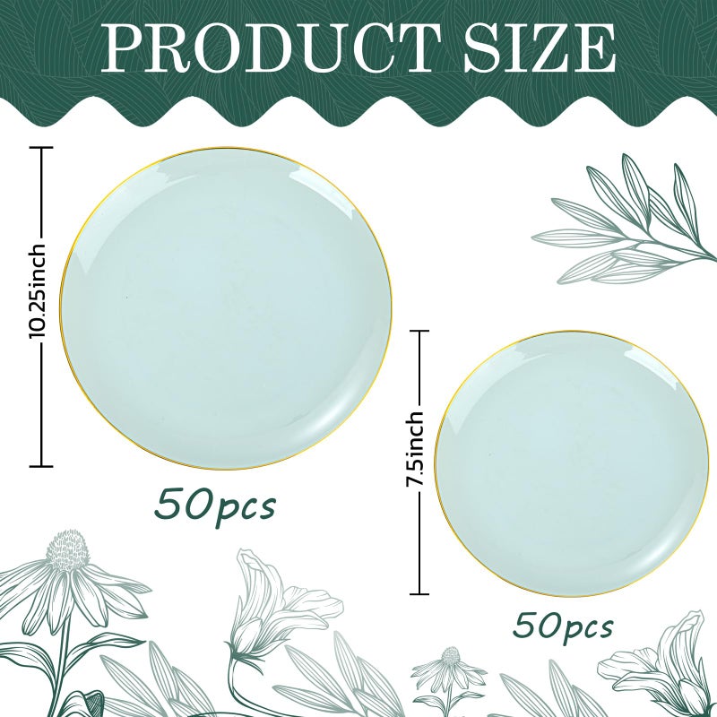 PULOTE 100PCS Sage Green Plastic Plates - Disposable Sage Green Include 50 Dinner / 50 Dessert Plates for Party, Wedding&Easter - Image 2