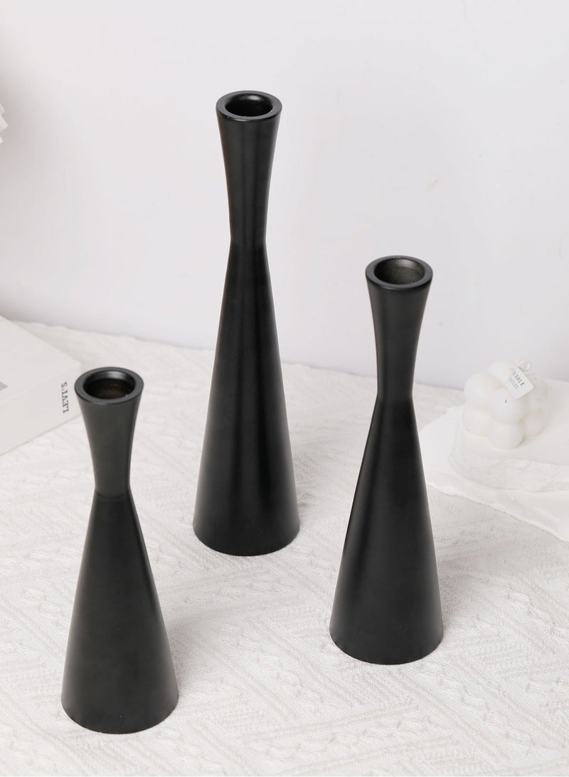 مجموعة من 3 حاملات شموع مدببة باللون الأسود غير اللامع، حاملات شموع معدنية، حامل شموع مزخرف للطاولة لحفلات الزفاف، الطعام، الحفلات، ديكور المنزل - Image 2