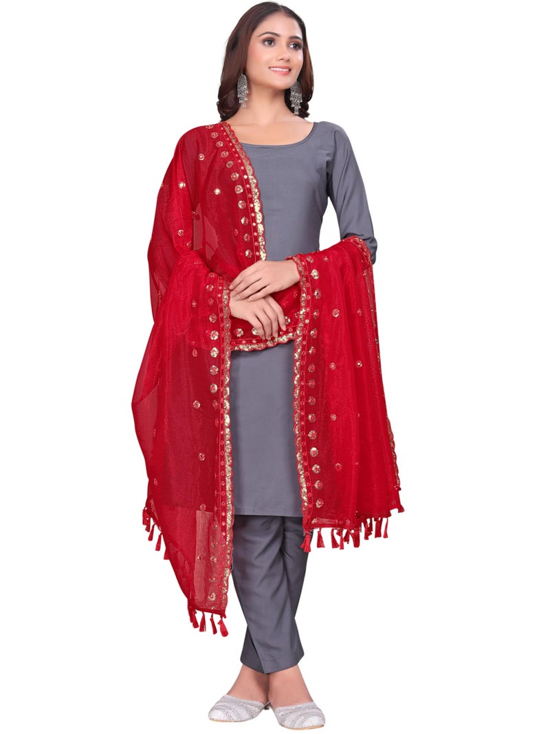 KEMZA Organza Embroidered Dupatta with Mirror & Sequence Work, Floral Butti Design (Red, Free Size) - Image 3