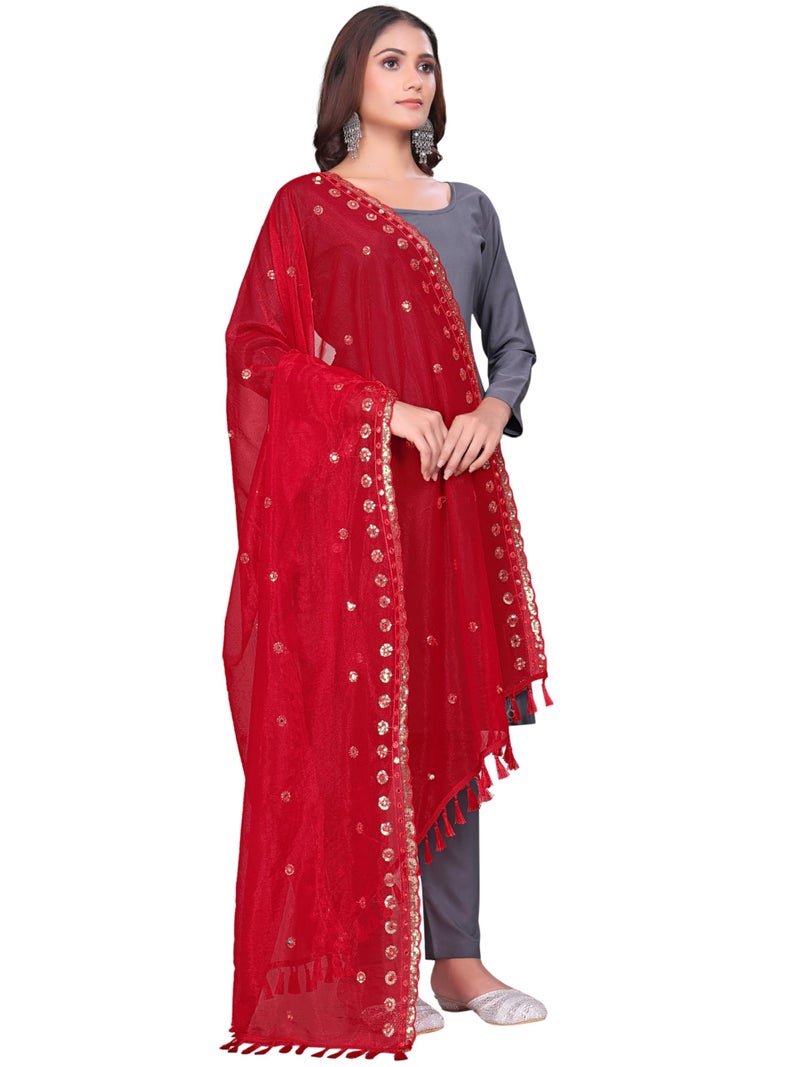 KEMZA Organza Embroidered Dupatta with Mirror & Sequence Work, Floral Butti Design (Red, Free Size) - Image 1
