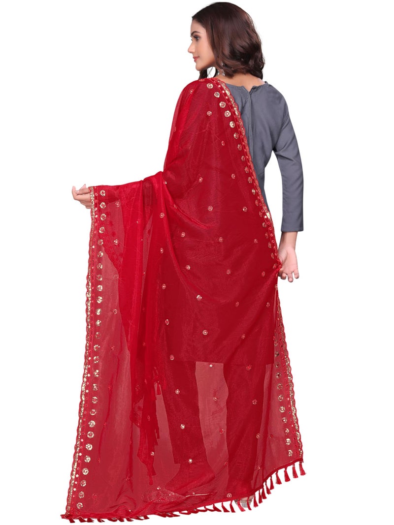 KEMZA Organza Embroidered Dupatta with Mirror & Sequence Work, Floral Butti Design (Red, Free Size) - Image 4