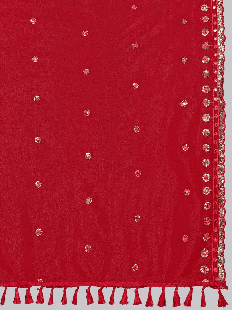 KEMZA Organza Embroidered Dupatta with Mirror & Sequence Work, Floral Butti Design (Red, Free Size) - Image 5