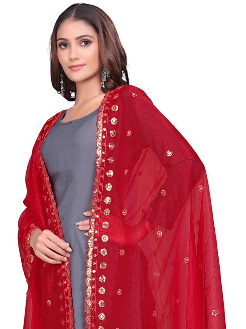 KEMZA Organza Embroidered Dupatta with Mirror & Sequence Work, Floral Butti Design (Red, Free Size) - Image 2