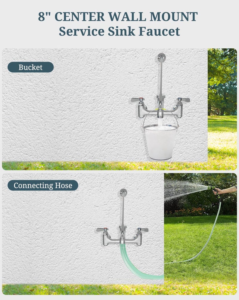 Phivan Commercial Mop Sink Faucet with Vacuum Breaker, Wall Mount Service Sink Faucet, 8 Inch Adjustable Center, Pail Hook, Heavy-Duty Brass Utility Sink Faucet for Restaurant/Garage/Industrial - Image 5