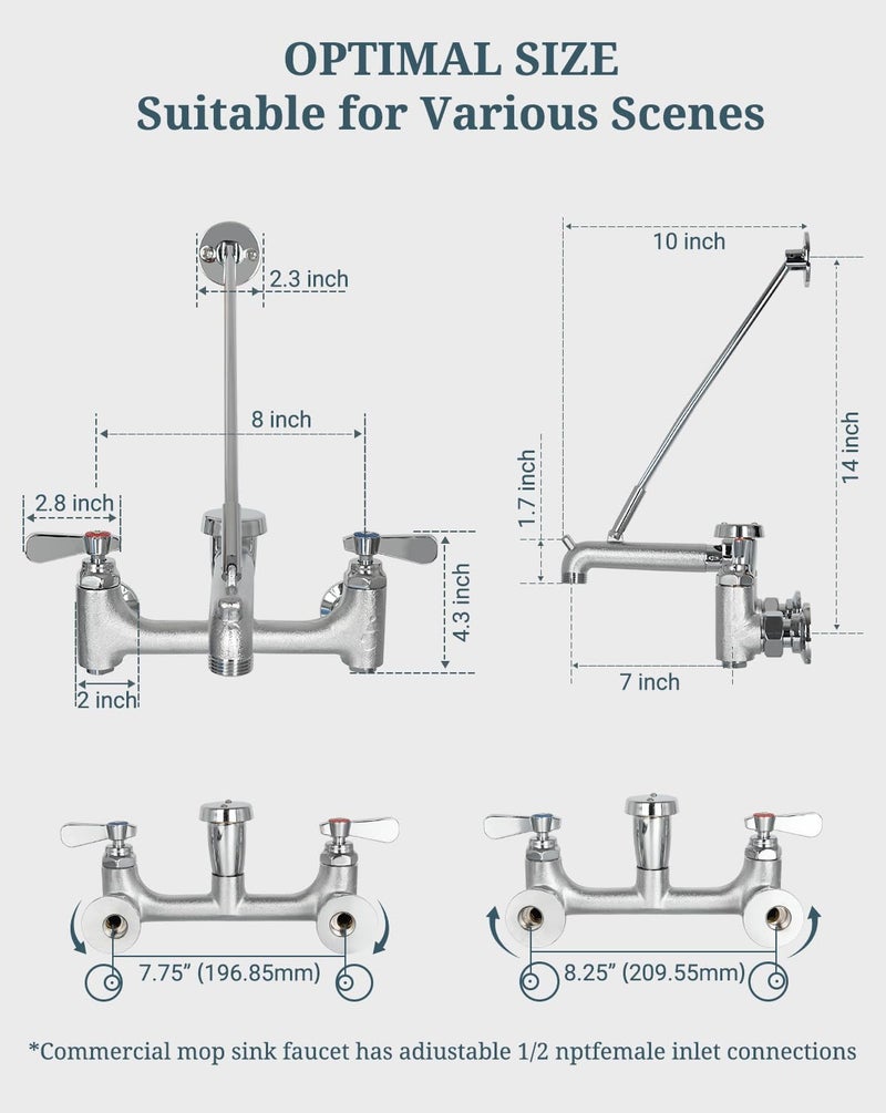 Phivan Commercial Mop Sink Faucet with Vacuum Breaker, Wall Mount Service Sink Faucet, 8 Inch Adjustable Center, Pail Hook, Heavy-Duty Brass Utility Sink Faucet for Restaurant/Garage/Industrial - Image 4