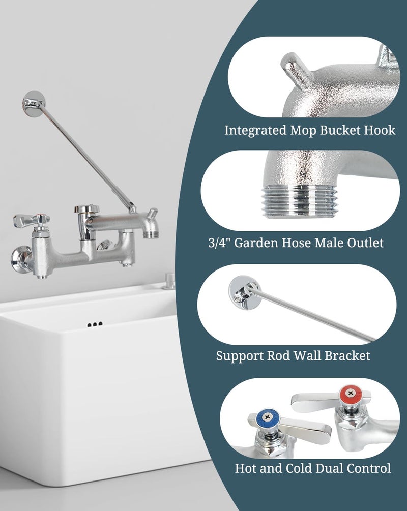 Phivan Commercial Mop Sink Faucet with Vacuum Breaker, Wall Mount Service Sink Faucet, 8 Inch Adjustable Center, Pail Hook, Heavy-Duty Brass Utility Sink Faucet for Restaurant/Garage/Industrial - Image 3