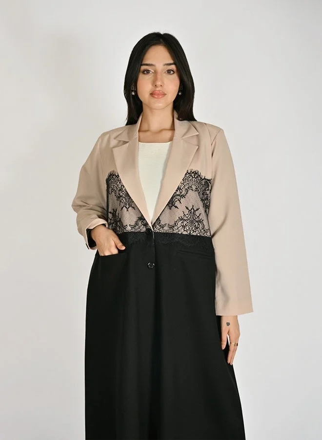 Hawraa Abaya Beige and Black Blazer-Style Abaya with Lace Detailing and Front Pockets