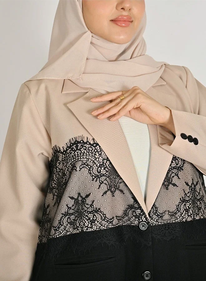 Hawraa Abaya Beige and Black Blazer-Style Abaya with Lace Detailing and Front Pockets