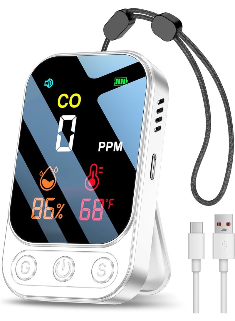 Portable Carbon Monoxide Detectors [3-in-1] Mini Size CO Monitor with Kickstand & Lanyard Alarm [ CO Temperature Humidity Sensor ] for Outdoor Camping Travel RV Home Hotel (3IN1 white) - Image 1