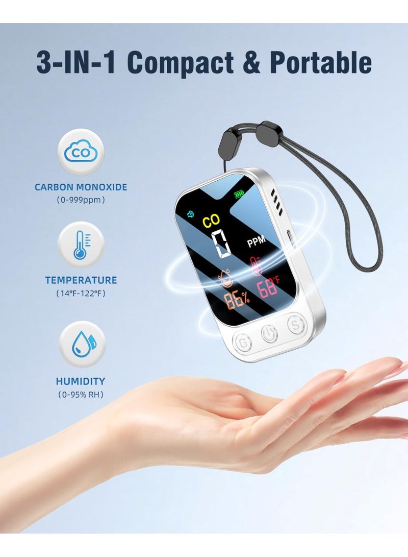 Portable Carbon Monoxide Detectors [3-in-1] Mini Size CO Monitor with Kickstand & Lanyard Alarm [ CO Temperature Humidity Sensor ] for Outdoor Camping Travel RV Home Hotel (3IN1 white) - Image 2