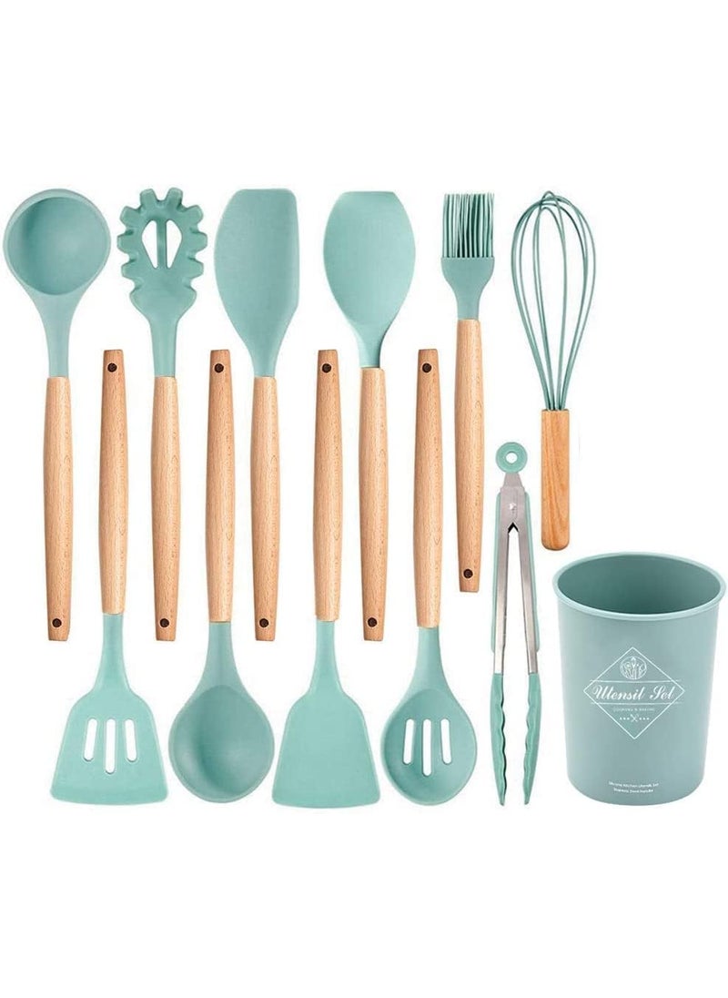 Pamidhar Pamidhar 12 Pcs Silicone Spatula Set for Kitchen NonStick Spatula Cooking Set Authentic Acacia Wood Handles BPA Free NonToxic Silicone Cookware Tools with Holder Light Green  - Image 1