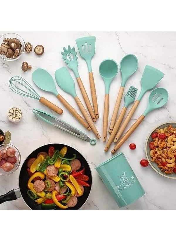 Pamidhar Pamidhar 12 Pcs Silicone Spatula Set for Kitchen NonStick Spatula Cooking Set Authentic Acacia Wood Handles BPA Free NonToxic Silicone Cookware Tools with Holder Light Green  - Image 3