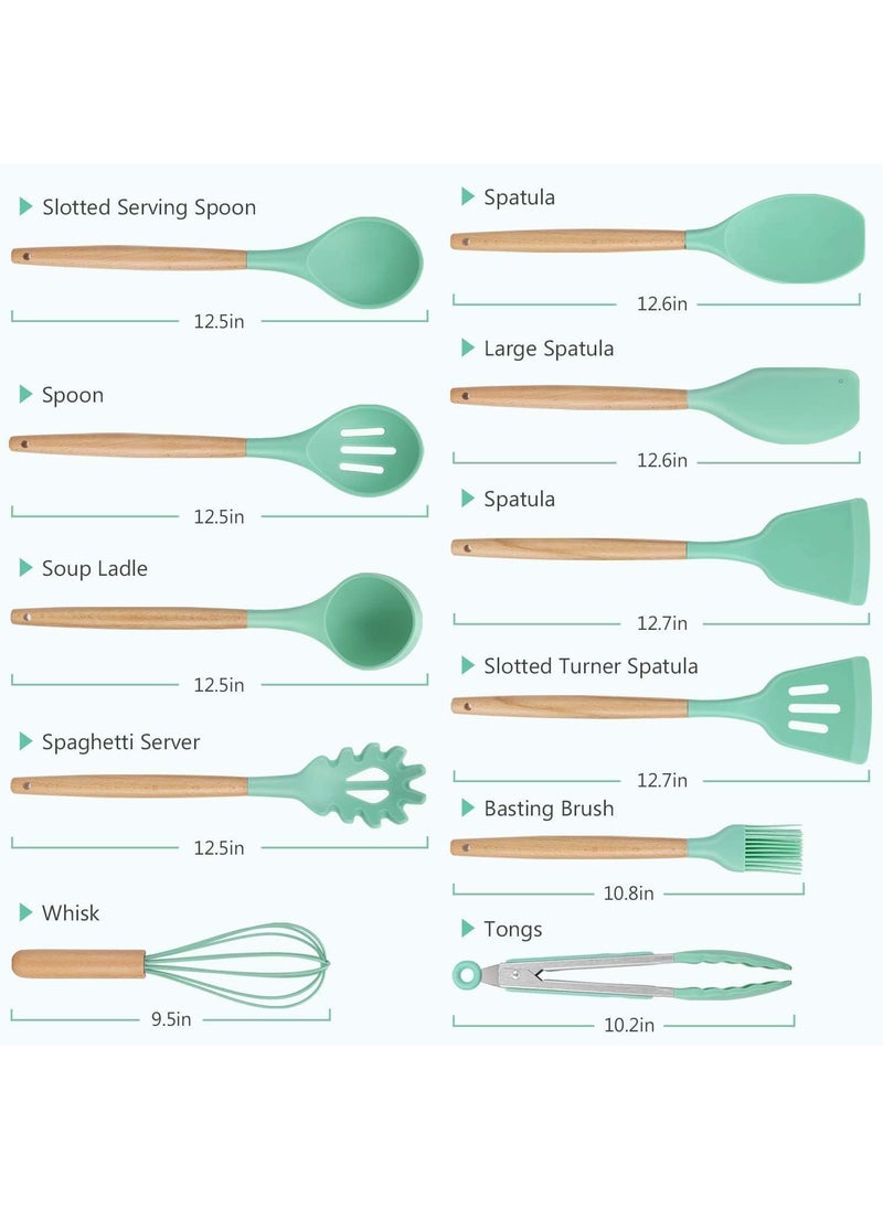 Pamidhar Pamidhar 12 Pcs Silicone Spatula Set for Kitchen NonStick Spatula Cooking Set Authentic Acacia Wood Handles BPA Free NonToxic Silicone Cookware Tools with Holder Light Green  - Image 2
