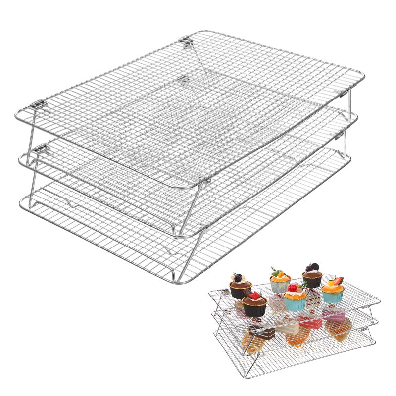 Exclaith Stainless Steel Stackable Cooling Rack for Baking, 3-Tier Cooling Rack Set, Stackable Heavy Duty Stainless Steel Wire Racks, for Baking Cooking Grilling, Oven & Dishwasher Safe, 12â€x 16.5â€, Silver - Image 1