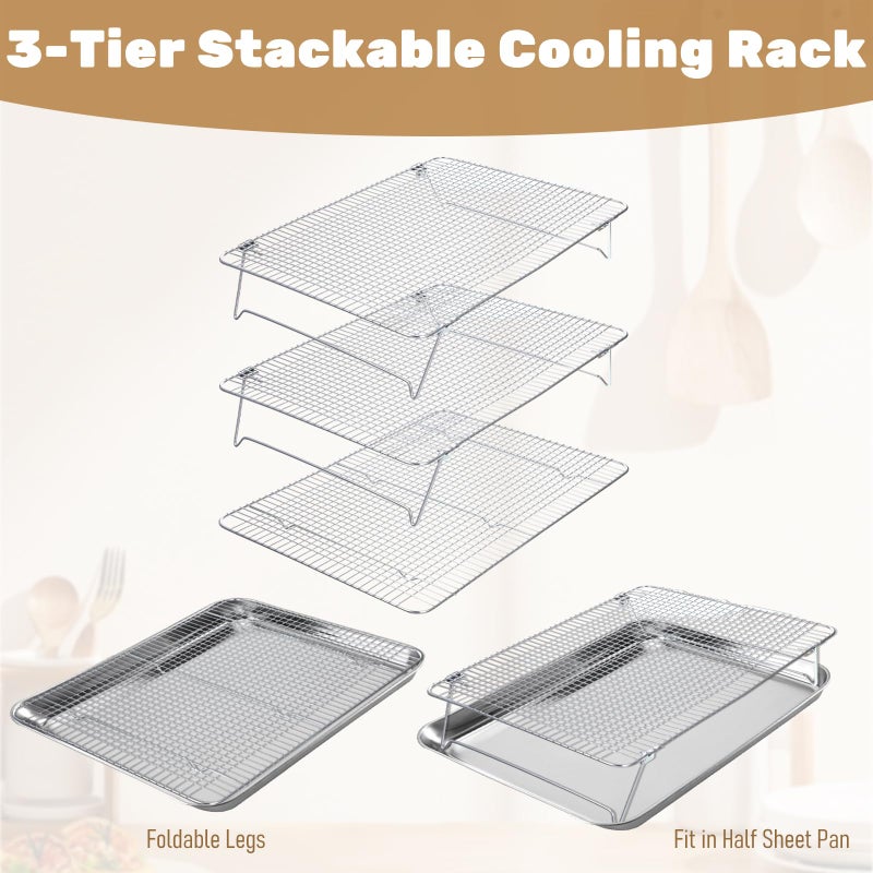 Exclaith Stainless Steel Stackable Cooling Rack for Baking, 3-Tier Cooling Rack Set, Stackable Heavy Duty Stainless Steel Wire Racks, for Baking Cooking Grilling, Oven & Dishwasher Safe, 12â€x 16.5â€, Silver - Image 3