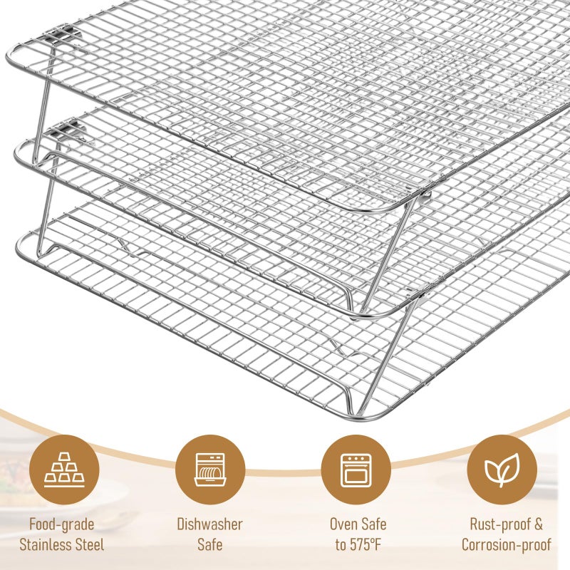 Exclaith Stainless Steel Stackable Cooling Rack for Baking, 3-Tier Cooling Rack Set, Stackable Heavy Duty Stainless Steel Wire Racks, for Baking Cooking Grilling, Oven & Dishwasher Safe, 12â€x 16.5â€, Silver - Image 4
