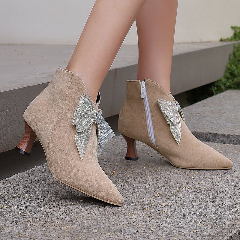 Wish Supply Fashion Pointed Mid-Heel Women'S 40-50 Rhinestone Bow Leopard Low Ankle Boots - Image 3
