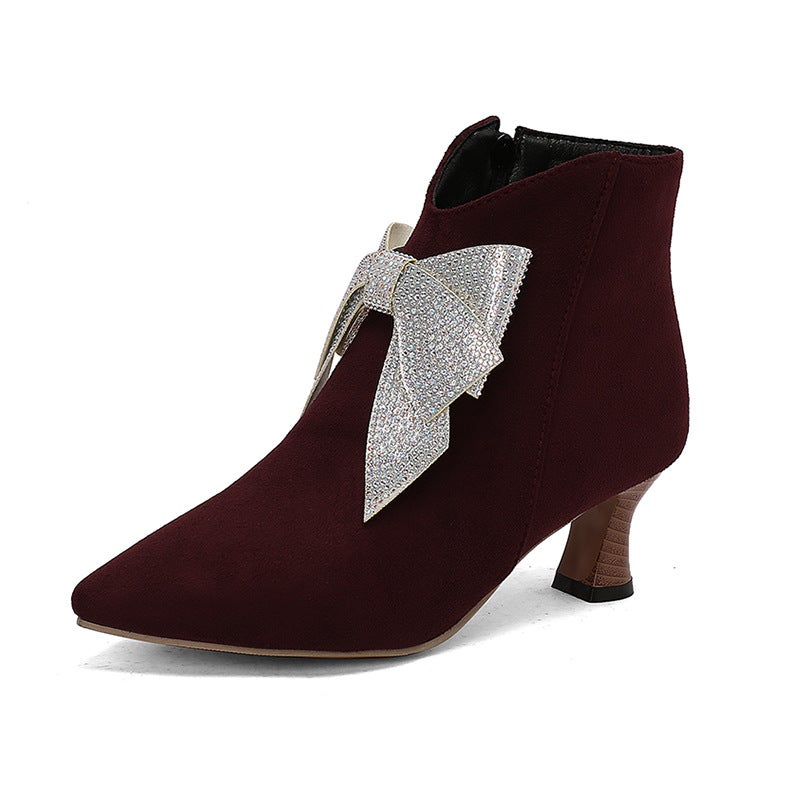 Wish Supply Fashion Pointed Mid-Heel Women'S 40-50 Rhinestone Bow Leopard Low Ankle Boots - Image 1