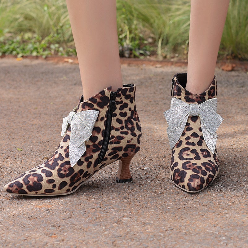 Wish Supply Fashion Pointed Mid-Heel Women'S 40-50 Rhinestone Bow Leopard Low Ankle Boots - Image 4