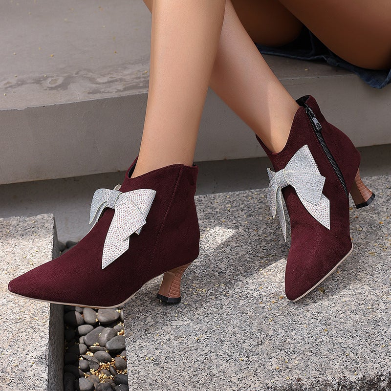 Wish Supply Fashion Pointed Mid-Heel Women'S 40-50 Rhinestone Bow Leopard Low Ankle Boots - Image 2