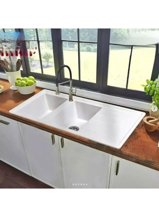 CM OREGON 11651 DBSD Granite Double Bowl Kitchen Sink – White Howlite Top Mount Sink with Drain Board & Durable Granite Composite - Image 2
