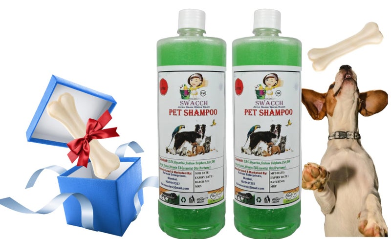 swacch Shampoo | Puppy Safe Shampoo | Pet Shampoo (1 Litre) (Pack of 2) Neem Alovera + Medium White Bone | Dog Chew Bones | Teething chew Toy | Dental Teething | Combo Pack - Image 1