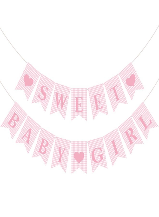 Mindsoft 2 Pcs Pre Strung Pink Gingham Sweet Baby Girl Banner Pink Girl Baby Shower Banner Decorations for Gender Reveal Party Decor Supplies Table Wall Mantel Photo Props - Image 1