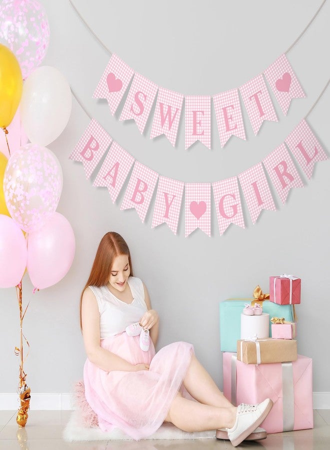 Mindsoft 2 Pcs Pre Strung Pink Gingham Sweet Baby Girl Banner Pink Girl Baby Shower Banner Decorations for Gender Reveal Party Decor Supplies Table Wall Mantel Photo Props - Image 2