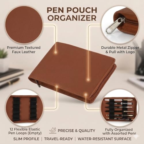 essart Collection Pen Storage Case Fountain Pen Pouch, 12 Slots Faux Leather Pen Storage Pouch, Luxury Pen,Pen Storage, Zipper Pen Pouch Holder, Handmade Gift Colour Tan (PNC-06-Tan) - Image 2