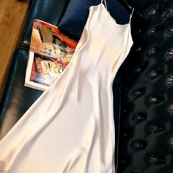 Trendy Plus Size Dress Elegant Long Satin Slip Summer Champagne  - Image 3