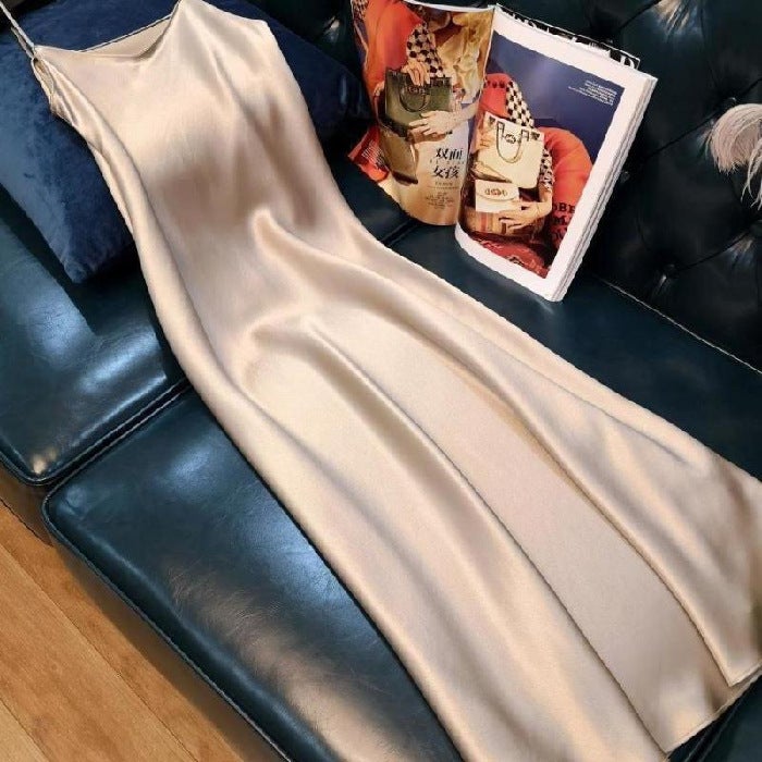 Trendy Plus Size Dress Elegant Long Satin Slip Summer Champagne  - Image 1