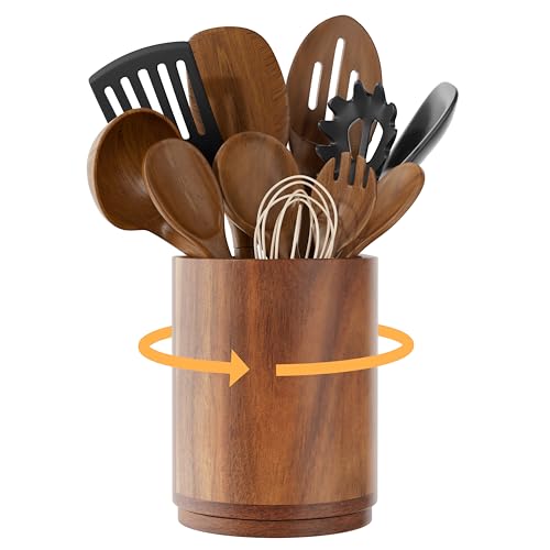 ZUJJAFY Utensil Holder, 360° Rotating Acacia Wood Kitchen Utensil Holder for Counter, 7.2" Large Cooking Utensil Crock for Countertop, Wooden Utensils Organizer for Cooking Spatula Storage - Image 1