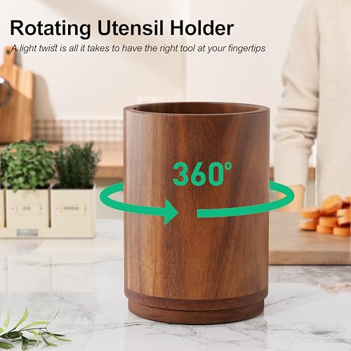 ZUJJAFY Utensil Holder, 360° Rotating Acacia Wood Kitchen Utensil Holder for Counter, 7.2" Large Cooking Utensil Crock for Countertop, Wooden Utensils Organizer for Cooking Spatula Storage - Image 3