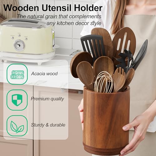 ZUJJAFY Utensil Holder, 360° Rotating Acacia Wood Kitchen Utensil Holder for Counter, 7.2" Large Cooking Utensil Crock for Countertop, Wooden Utensils Organizer for Cooking Spatula Storage - Image 4