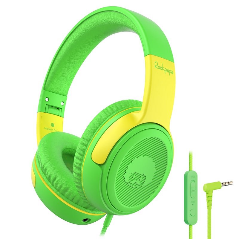 rockpapa Share 1 Kids Headphones Wired with Microphone & Share Port, 85dB/94dB Volume Limited, Cute Foldable Student Child Boys Girls Headphones for School/Classroom/Travel Green/Yellow - Image 1