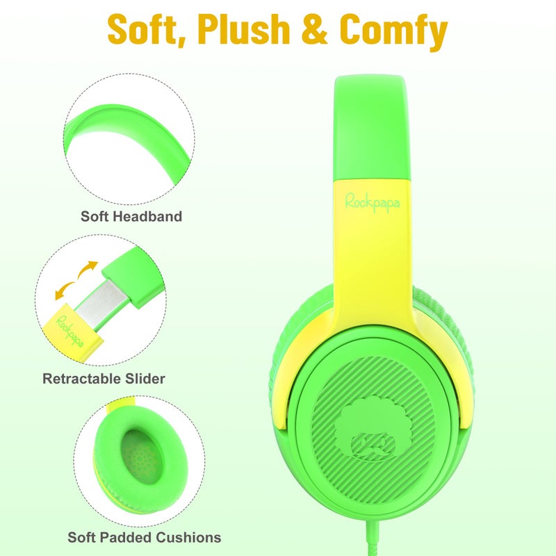 rockpapa Share 1 Kids Headphones Wired with Microphone & Share Port, 85dB/94dB Volume Limited, Cute Foldable Student Child Boys Girls Headphones for School/Classroom/Travel Green/Yellow - Image 2