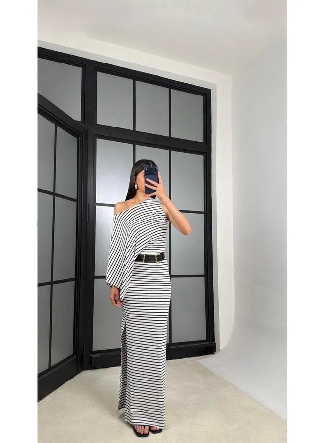 GAUS White Striped One-Shoulder Batwing Sleeve Premium Dress GAUS-01430.
