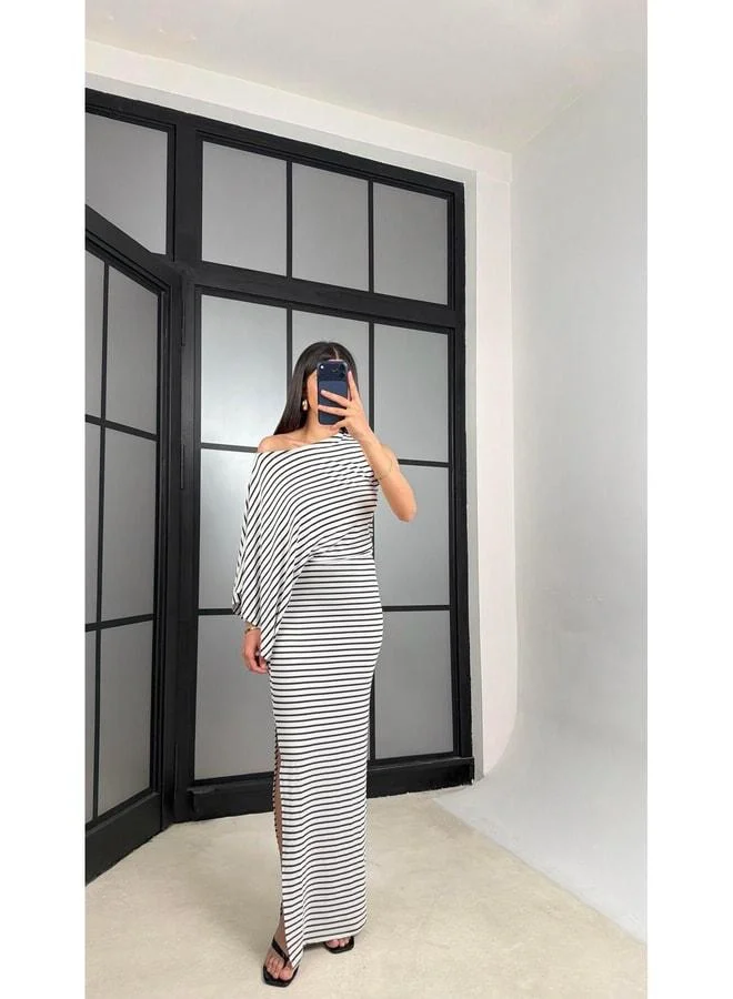 GAUS White Striped One-Shoulder Batwing Sleeve Premium Dress GAUS-01430.
