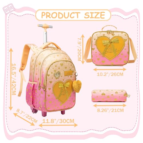 Meetbelify Rolling Backpack for Girls Kids Backpacks with Wheels for Elementary Students Girls Carry on Backpack with Lunch Box 3 in 1 Travel Suitcase Trip Luggage for Kids Ages 6-8 - Image 2