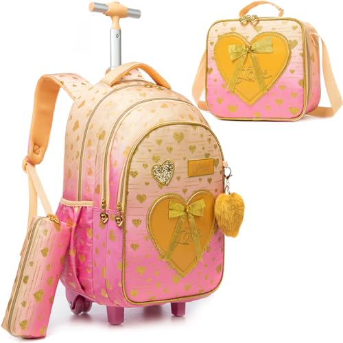 Meetbelify Rolling Backpack for Girls Kids Backpacks with Wheels for Elementary Students Girls Carry on Backpack with Lunch Box 3 in 1 Travel Suitcase Trip Luggage for Kids Ages 6-8 - Image 1