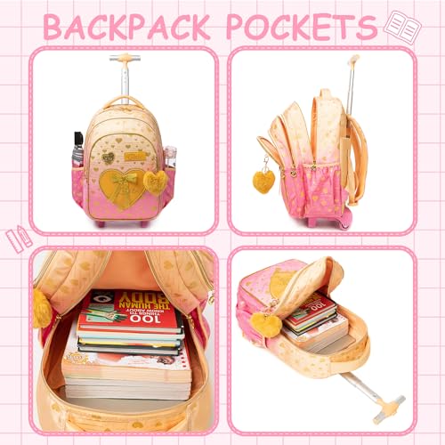Meetbelify Rolling Backpack for Girls Kids Backpacks with Wheels for Elementary Students Girls Carry on Backpack with Lunch Box 3 in 1 Travel Suitcase Trip Luggage for Kids Ages 6-8 - Image 4