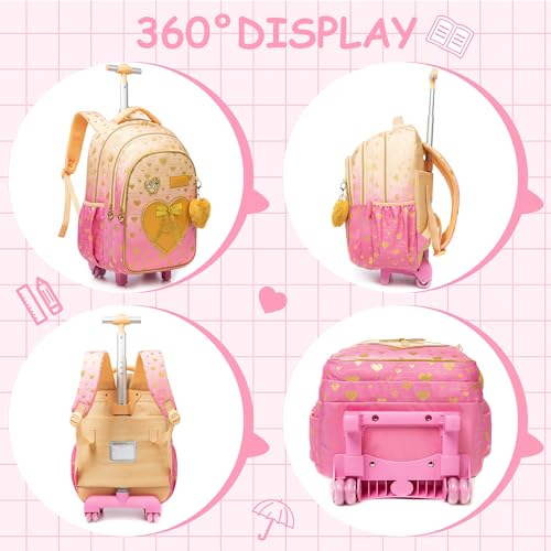 Meetbelify Rolling Backpack for Girls Kids Backpacks with Wheels for Elementary Students Girls Carry on Backpack with Lunch Box 3 in 1 Travel Suitcase Trip Luggage for Kids Ages 6-8 - Image 3