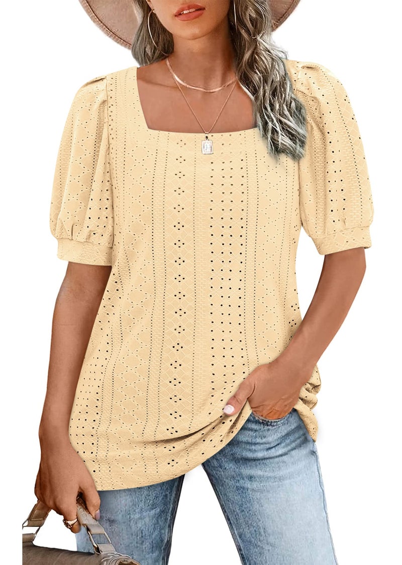 BZB Eyelet Tops for Women Casual Cute Tshirts to Hide Belly Fashion Fit Style Blouses Yellow S - Image 1