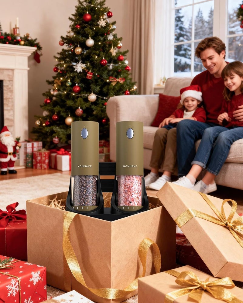 WONMAKE Electric Salt and Pepper Grinder Set - Automatic Refillable Salt and Pepper Grinders with Charging Base & LED Light, 6-Level Adjustable Coarseness with External Dial, Ideal Kitchen Gadget，Brown - Image 2