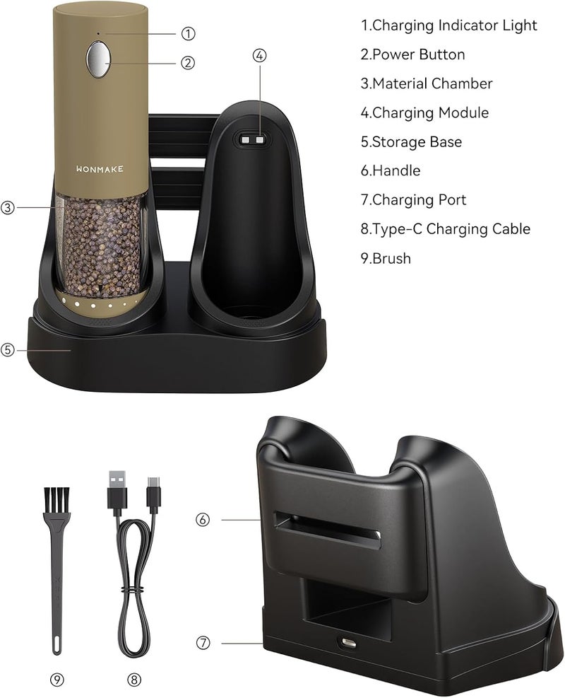WONMAKE Electric Salt and Pepper Grinder Set - Automatic Refillable Salt and Pepper Grinders with Charging Base & LED Light, 6-Level Adjustable Coarseness with External Dial, Ideal Kitchen Gadget，Brown - Image 4