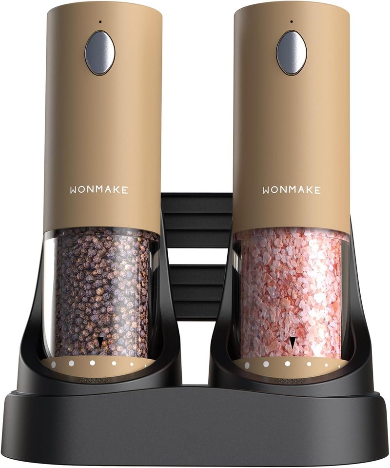 WONMAKE Electric Salt and Pepper Grinder Set - Automatic Refillable Salt and Pepper Grinders with Charging Base & LED Light, 6-Level Adjustable Coarseness with External Dial, Ideal Kitchen Gadget，Brown - Image 1