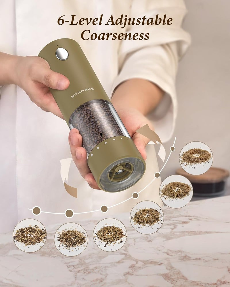 WONMAKE Electric Salt and Pepper Grinder Set - Automatic Refillable Salt and Pepper Grinders with Charging Base & LED Light, 6-Level Adjustable Coarseness with External Dial, Ideal Kitchen Gadget，Brown - Image 5