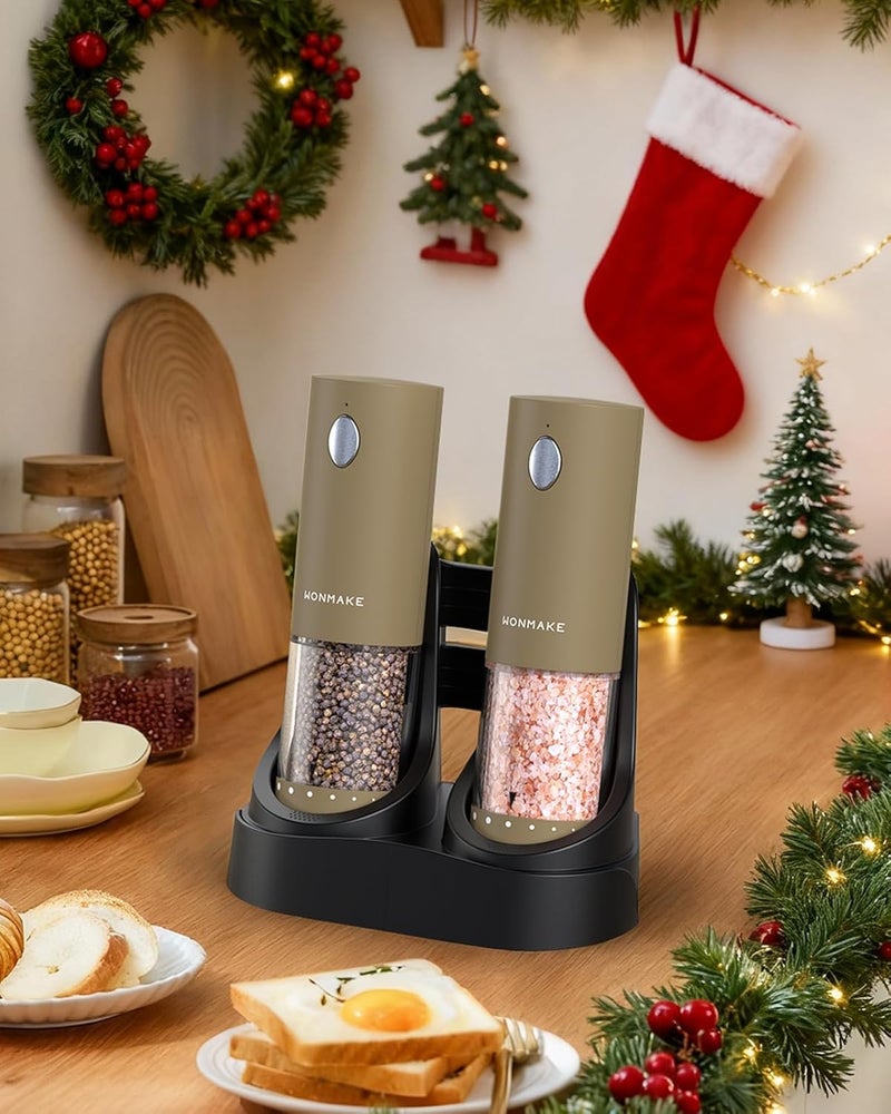 WONMAKE Electric Salt and Pepper Grinder Set - Automatic Refillable Salt and Pepper Grinders with Charging Base & LED Light, 6-Level Adjustable Coarseness with External Dial, Ideal Kitchen Gadget，Brown - Image 3