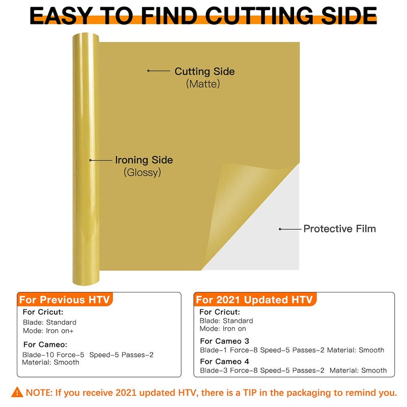 HTVRONT HTV Vinyl Rolls Heat Transfer Vinyl - 12" x 8ft Gold HTV Vinyl for Shirts, Iron on Vinyl for All Cutting Machine - Easy to Cut & Weed for Heat Vinyl Design (Gold) - Image 5